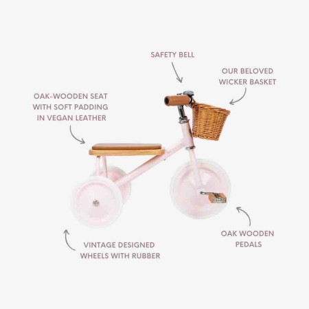 Tricicleta pentru copii cu cosulet din rachita vintage - Pink - Banwood