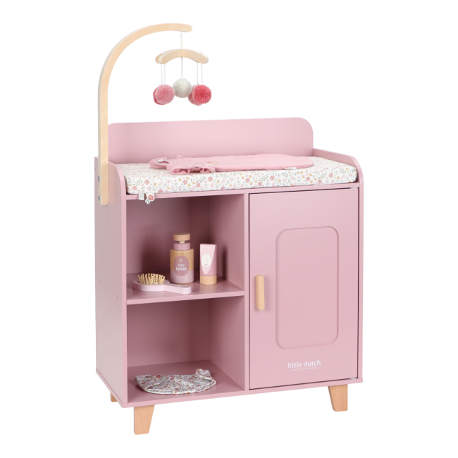 Masa de schimbat scutece cu accesorii pentru papusi - Roz - Little Dutch