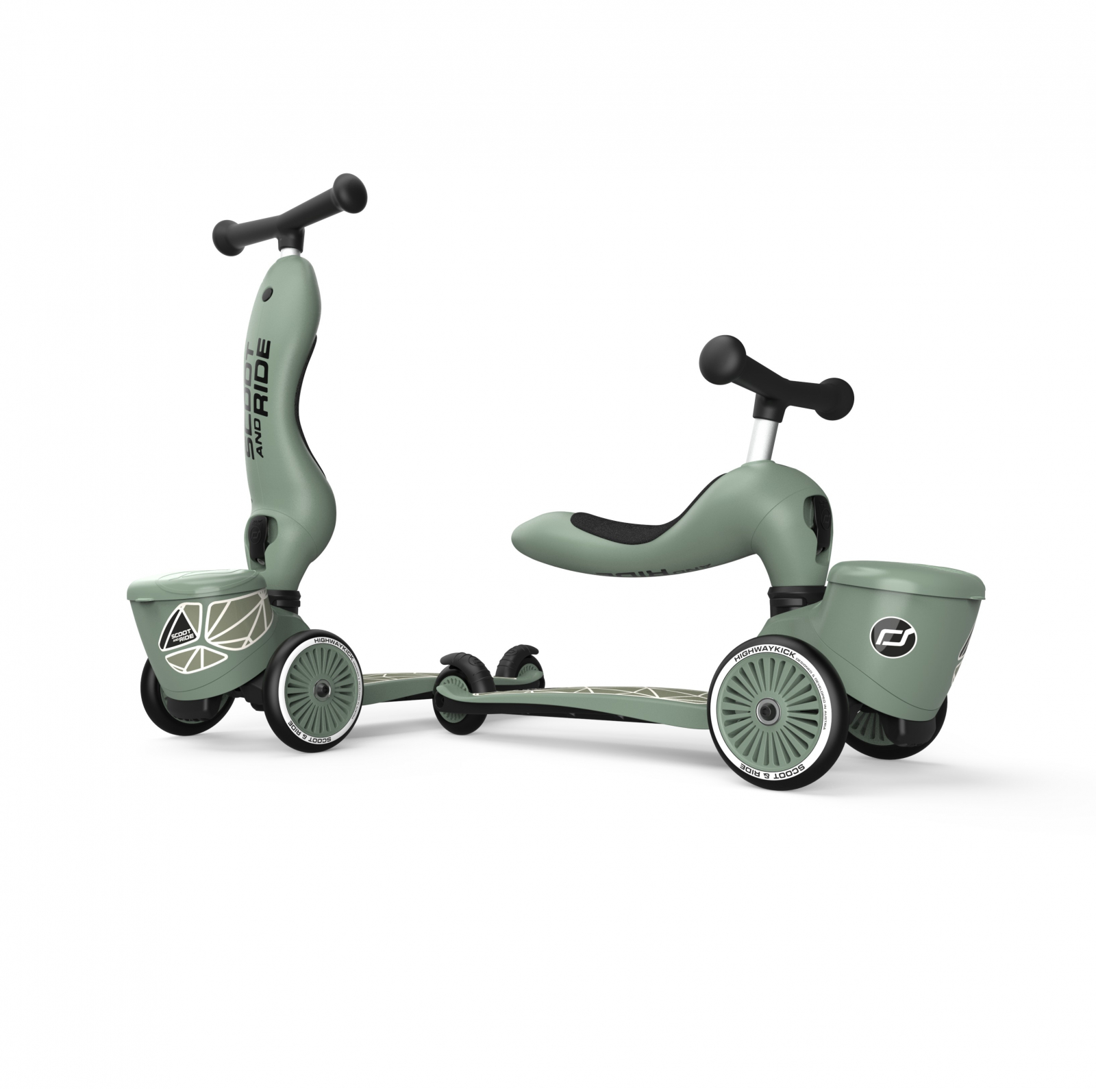 Trotineta copii cu sezut si suport jucarie - transformabila 2in1 - HighwayKick 1 Lifestyle Greenlines, 1-5 ani, pana la 50 kg - Scoot & Ride