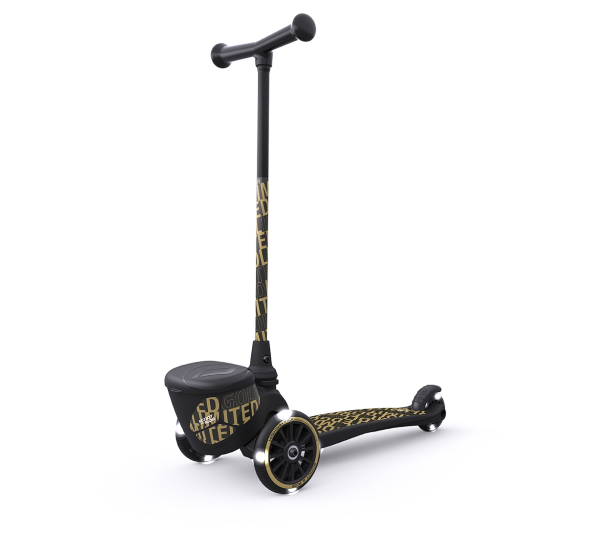 Trotineta copii pliabila cu roti luminoase - suport jucarie - Highwaykick 2 Black Gold Limited - 2 ani +, pana la 50 kg - Scoot & Ride