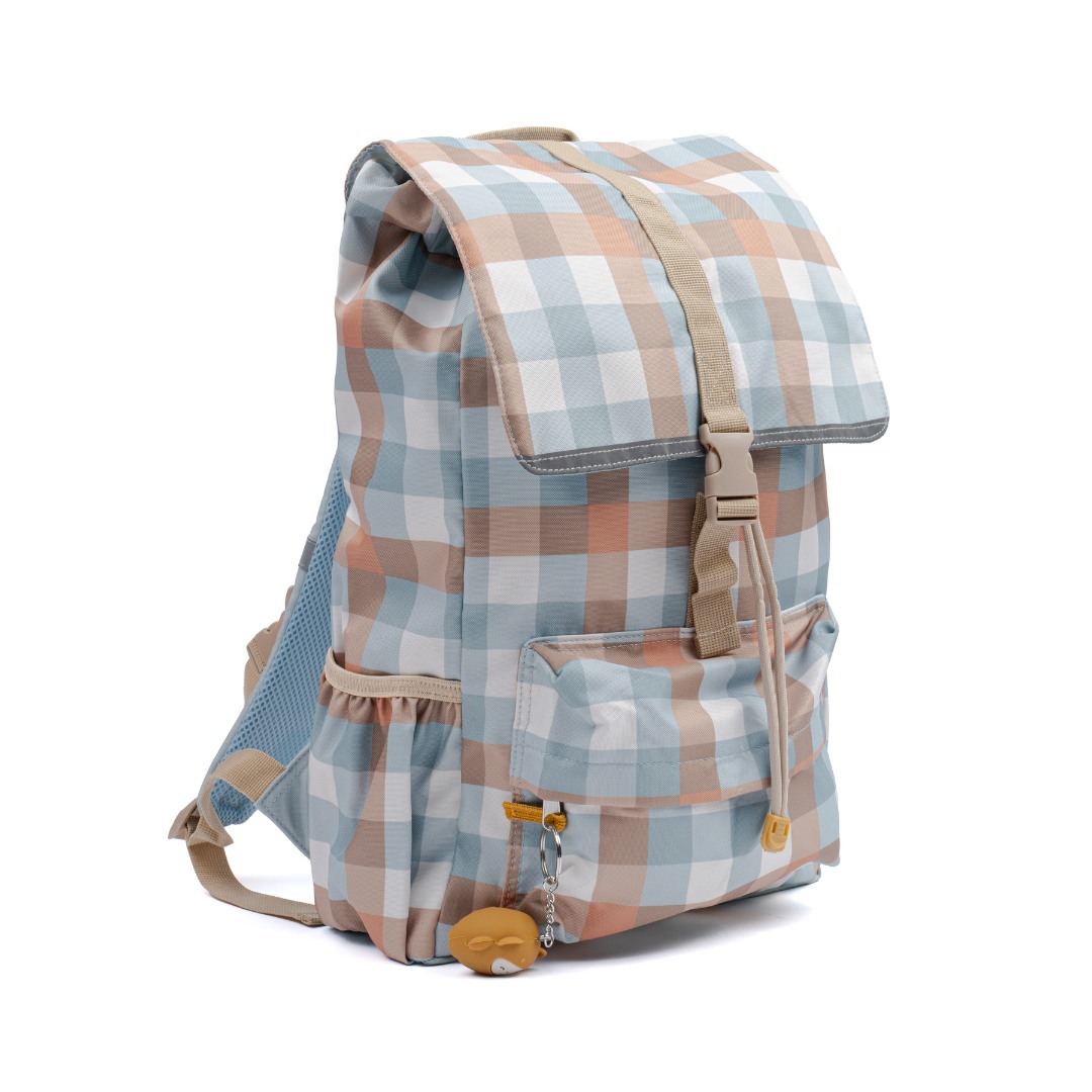 Rucsac pentru copii cu breloc ursulet din silicon - Large - Cottage Blue Checks - Fabelab