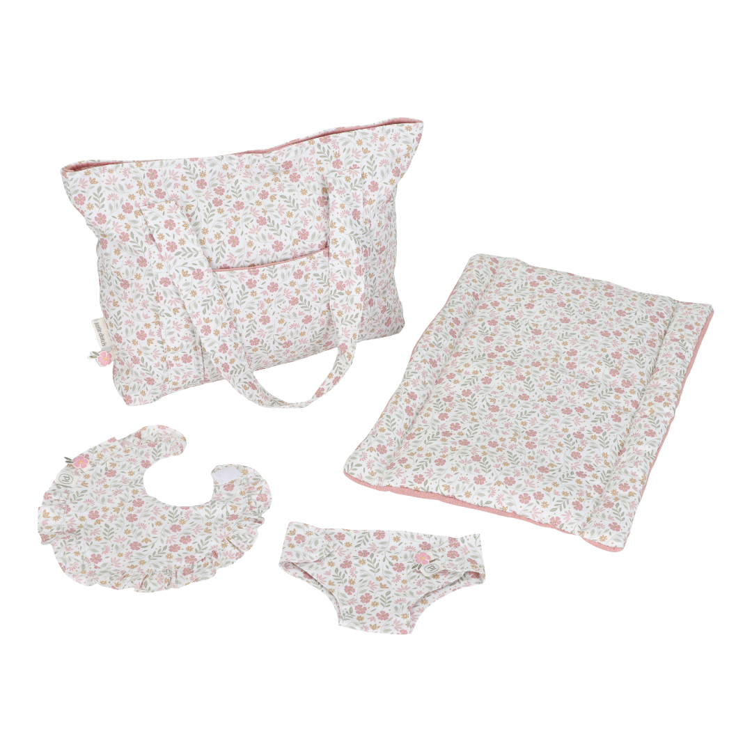 Geanta de maternitate cu accesorii pentru papusi - Soft Flowers - Little Dutch