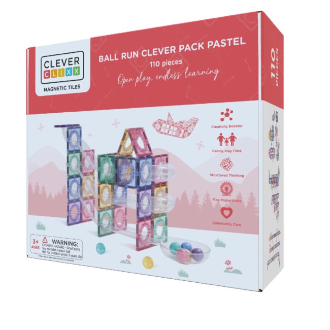 Set de constructie magnetic - Ball Run Clever Pack Pastel - 110 piese - Cleverclixx