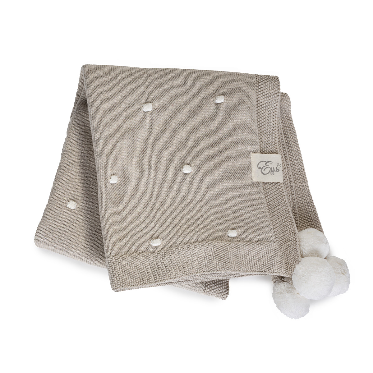 Patura din bumbac - crem cu pompoane albe - 80 x 100 cm - Effiki